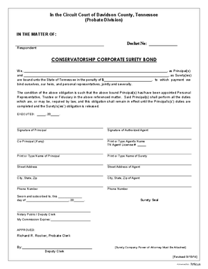 Thumbnail of Tennessee Form Conservatorship - Corporate Surety Bond