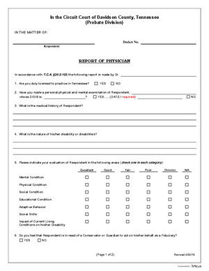 Thumbnail of Tennessee Form Conservatorship - Report Of Physician
