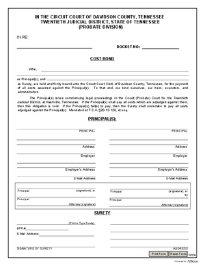Thumbnail of Tennessee Form Cost Bond