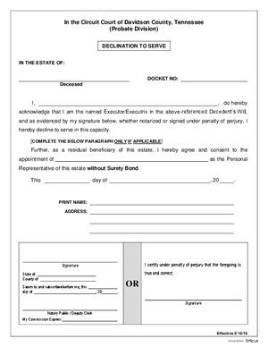 Thumbnail of Tennessee Form Estate – Declination To Serve