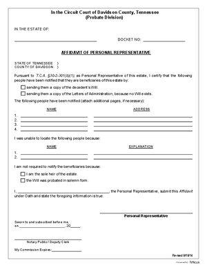 Thumbnail of Tennessee Form Estate - Affidavit Of Personal Rep. Re: Notice To Heirs