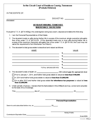 Thumbnail of Tennessee Form Estate - Affidavit Waiving Inheritance Tax