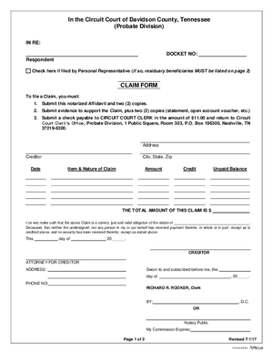 Thumbnail of Tennessee Form Estate - Claim Form