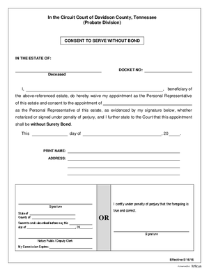 Thumbnail of Tennessee Form Estate - Consent To Serve Without Bond