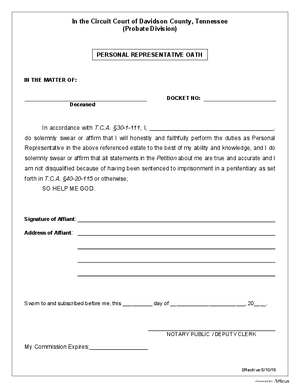 Thumbnail of Tennessee Form Estate - Oath Of Personal Representative