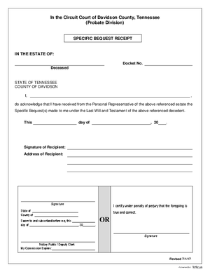 Thumbnail of Tennessee Form Estate - Specific Bequest Receipt