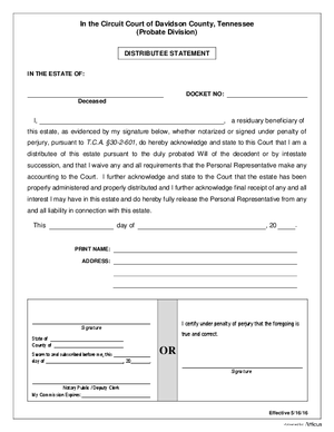 Thumbnail of Tennessee Form Estate - Statement In Lieu - Distributee