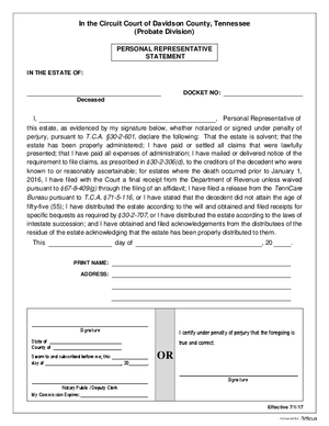 Thumbnail of Tennessee Form Estate - Statement In Lieu - Personal Rep.
