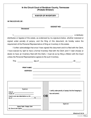 Thumbnail of Tennessee Form Estate - Waiver Of Inventory