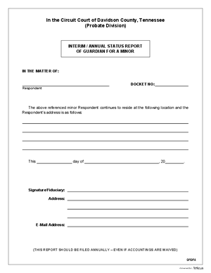Thumbnail of Tennessee Form Guardianship - Annual Status Report