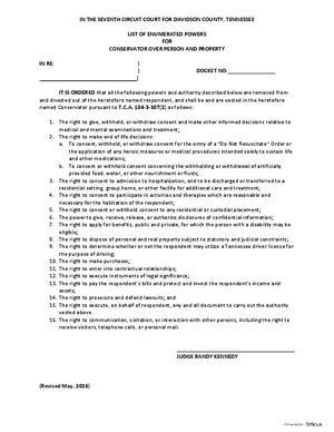 Thumbnail of Tennessee Form List Of Enumerated Powers For Conservator Over Person And Prop.