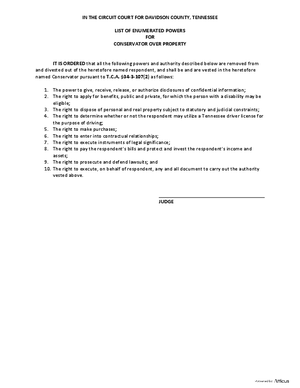 Thumbnail of Tennessee Form List Of Enumerated Powers For Conservator Over Prop.
