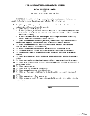 Thumbnail of Tennessee Form List Of Enumerated Powers For Guardian Over Person And Prop