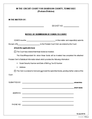 Thumbnail of Tennessee Form Notice Of Submission Of Funds To The Court