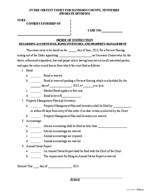 Thumbnail of Tennessee Form Order Of Instruction - Conservatorship: Regarding Accountings, Bond, Inventory And Property Management