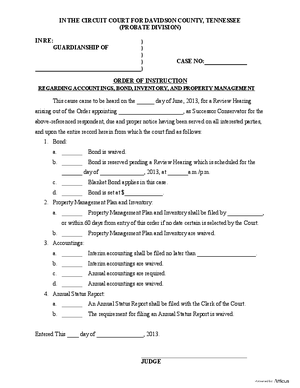 Thumbnail of Tennessee Form Order Of Instruction - Guardianship: Regarding Accountings, Bond, Inventory And Property Management