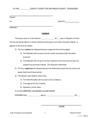 Thumbnail of Tennessee Form Order On Motion To Quash Garnishment