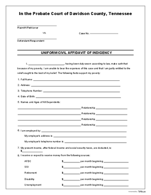 Thumbnail of Tennessee Form Pauper's Oath Affidavit And Order