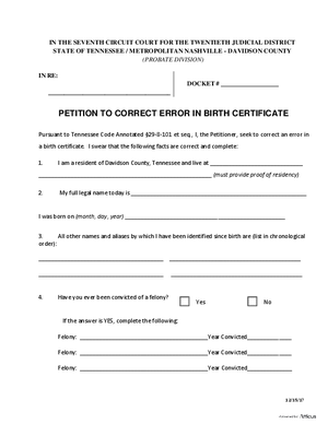 Thumbnail of Tennessee Form Petition To Correct Error In Birth Certificate