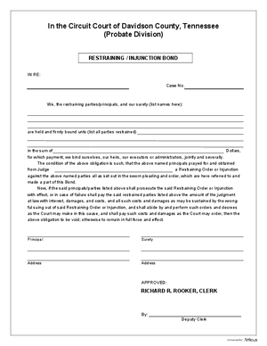 Thumbnail of Tennessee Form Restraining/injunction Bond