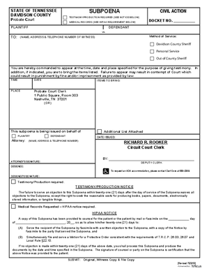 Thumbnail of Tennessee Form Subpoena