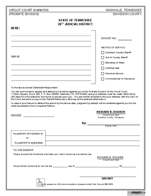 Thumbnail of Tennessee Form Summons (Print Double-sided Onto One Sheet)