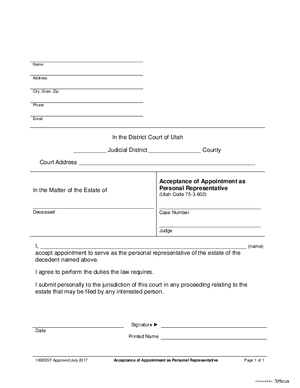 Thumbnail of Utah Form Acceptance Of Appointment As Personal Representative