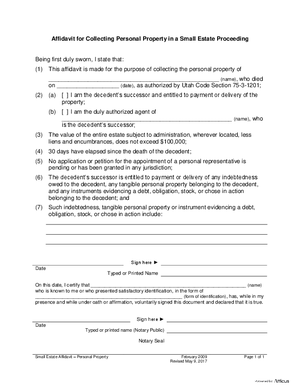 Thumbnail of Utah Form Affidavit For Small Estate Matters (Personal Property) - Informal Probate - With A Will (Optional Forms)