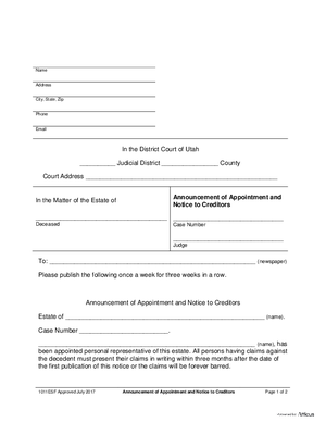 Thumbnail of Utah Form Announcement Of Appointment And Notice To Creditors