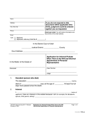 Thumbnail of Utah Form Application For Informal Appointment Of Personal Representative - Informal Probate - Without A Will (Required Forms)