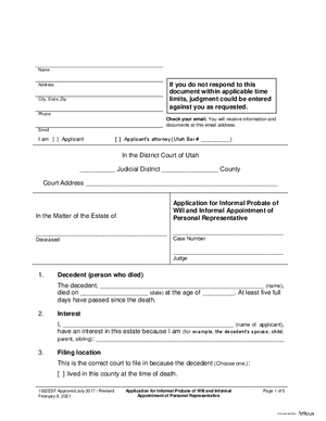 Thumbnail of Utah Form Application For Informal Probate Of Will And Appointment Of Personal Representative - Informal Probate - With A Will (Required Forms)