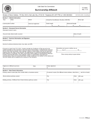 Thumbnail of Utah Form Department Of Motor Vehicles Survivorship Affidavit (Vehicle) - Informal Probate - With A Will (Optional Forms)