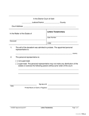 Thumbnail of Utah Form Letters Testamentary - Informal Probate - With A Will (Required Forms)