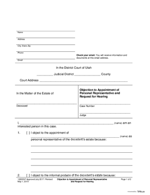 Thumbnail of Utah Form Objection To Appointment Of Personal Representative And Request For Hearing