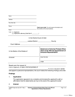 Thumbnail of Utah Form Statement Of Informal Appointment Of Personal Representative - Informal Probate - Without A Will (Required Forms)
