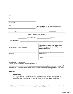 Thumbnail of Utah Form Statement Of Informal Appointment Of Will And Appointment Of Personal Representative - Informal Probate - With A Will (Required Forms)