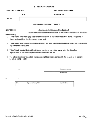 Thumbnail of Vermont Form Affidavit Of Administration