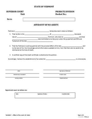 Thumbnail of Vermont Form Affidavit Of No Assets
