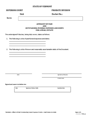 Thumbnail of Vermont Form Affidavit Of Paid & Outstanding Funeral Expenses And Debts For Small Estate