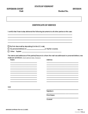 Thumbnail of Vermont Form Certificate Of Service