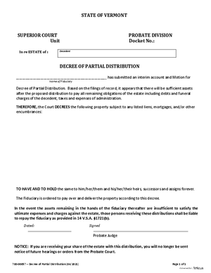 Thumbnail of Vermont Form Decree Of Partial Distribution