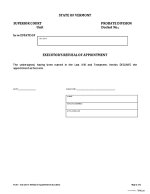 Thumbnail of Vermont Form Executor’s Refusal Of Appointment