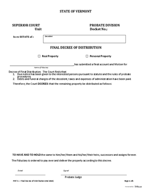 Thumbnail of Vermont Form Final Decree Of Distribution