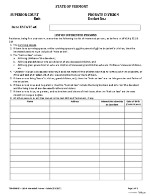 Thumbnail of Vermont Form List Of Interested Persons For Estates