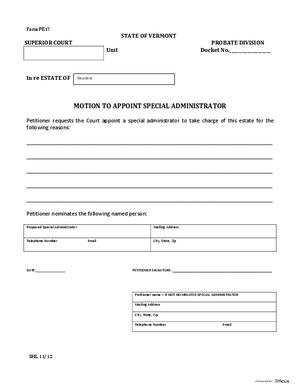 Thumbnail of Vermont Form Motion To Appoint Special Administrator