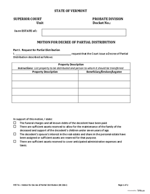 Thumbnail of Vermont Form Motion For Decree Of Partial Distribution