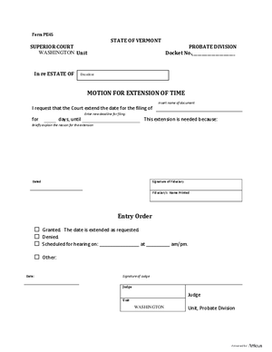Thumbnail of Vermont Form Motion For Extension Of Time