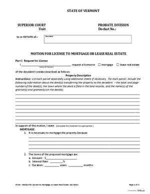 Thumbnail of Vermont Form Motion For License To Mortgage Or Lease Real Estate