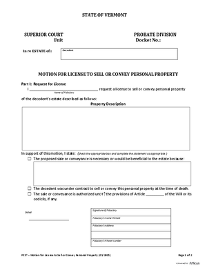 Thumbnail of Vermont Form Motion For License To Sell Or Convey Personal Property