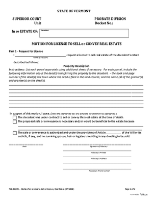 Thumbnail of Vermont Form Motion For License To Sell Or Convey Real Estate